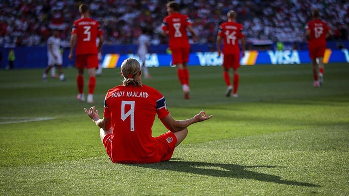 Erling Haaland of Norway celebrates after scoring the first goal during the FIFA World Cup USA 2026 Group I match between Iraq and Norway at Boston Stadium, Boston, United States, on June 16, 2026. (Photo by Ayman Aref/NurPhoto via Getty Images)