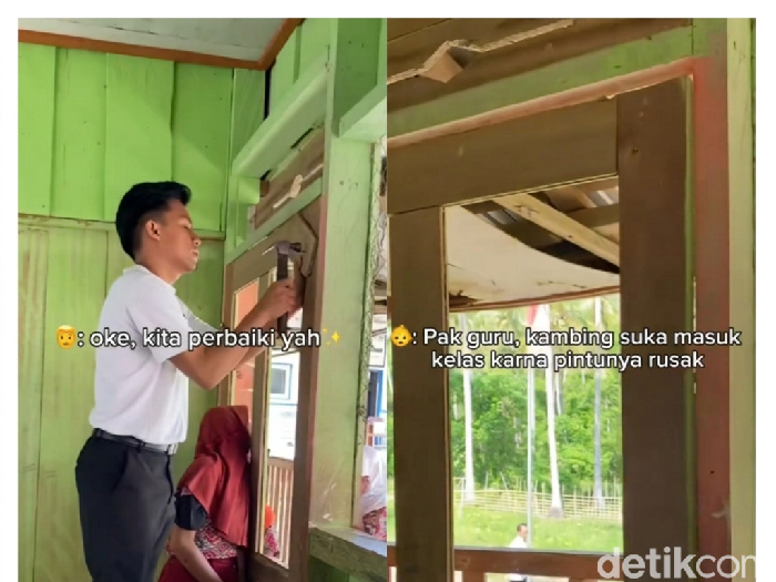 Guru perbaiki pintu kelas di SD Negeri Terpencil di Sulawesi Tengah viral. Aksi ini terpaksa dilakukan karena kambing sering masuk dan mengganggu siswa belajar.