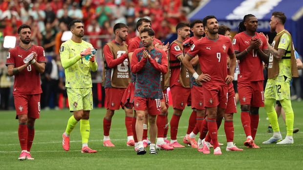 SOCCER-WORLDCUP-POR-COD/ Soccer Football - FIFA World Cup 2026 - Group K - Portugal v DR Congo - Houston Stadium, Houston, Texas, U.S. - June 17, 2026 Portugal's Bruno Fernandes, Bernardo Silva, Rafael Leao, Goncalo Ramos and Diogo Costa look dejected after the match IMAGN IMAGES via Reuters/Troy Taormina