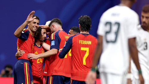 ATLANTA, GEORGIA - JUNE 21: Marc Cucurella #24 of Spain celebrates with teammates after the teams fourth goal, scored an own goal by Hassan Al-Tambakti #5 of Saudi Arabia during the FIFA World Cup 2026 Group H match between Spain and Saudi Arabia at Atlanta Stadium on June 21, 2026 in Atlanta, Georgia. (Photo by Mattia Ozbot/Getty Images)
