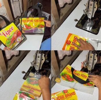Daur ulang kreatif limbah plastik kemasan minyak goreng menjadi tas jinjing belanja yang unik, estetis dan bernilai guna menggunakan sebuah mesin jahit.