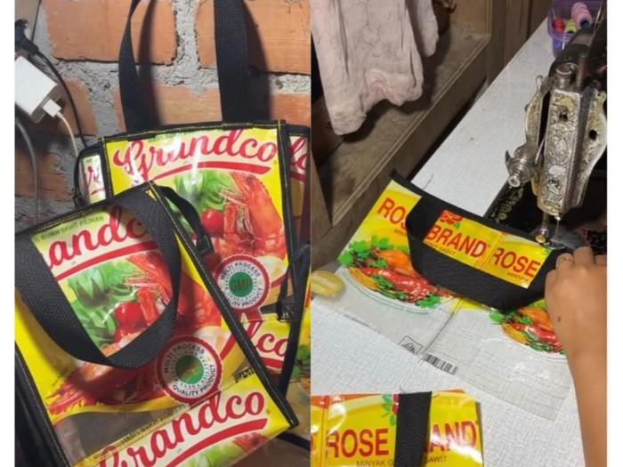 Daur ulang kreatif limbah plastik kemasan minyak goreng menjadi tas jinjing belanja yang unik, estetis dan bernilai guna menggunakan sebuah mesin jahit.