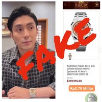 Dibongkar oleh akun Instagram @sedlexdurolex, beberapa jam tangan mewah yang dikenakan Giorgio diduga palsu. Salah satunya jam dari merek Audemars Piguet satu ini. Jam yang memiliki harga asli capai Rp 3,7 miliar itu diduga merupakan tiruan yang dikenakan Giorgio. Foto: Instagram/@sedlexdurolex
