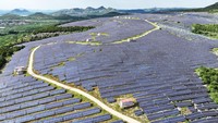 Deretan panel fotovoltaik berwarna biru tampak terhampar di kawasan perbukitan tandus di Tiankeng Village, Kecamatan Shuiquan, Distrik Shanting, Kota Zaozhuang, Provinsi Shandong, China. CFOTO/Future Publishing via Gett/CFOTO