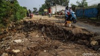 Di sejumlah lokasi, badan jalan tampak amblas dan menyisakan jalur yang semakin menyempit. Retakan panjang terlihat jelas di permukaan aspal, sementara sebagian sisi jalan sudah kehilangan penyangga tanah.