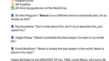 Messi disanjung para pelatih bola kenamaan. Messi berada di level berbeda dari semua orang, sesederhana itu, tulis Sir Alex Ferguson. Foto: X.com
