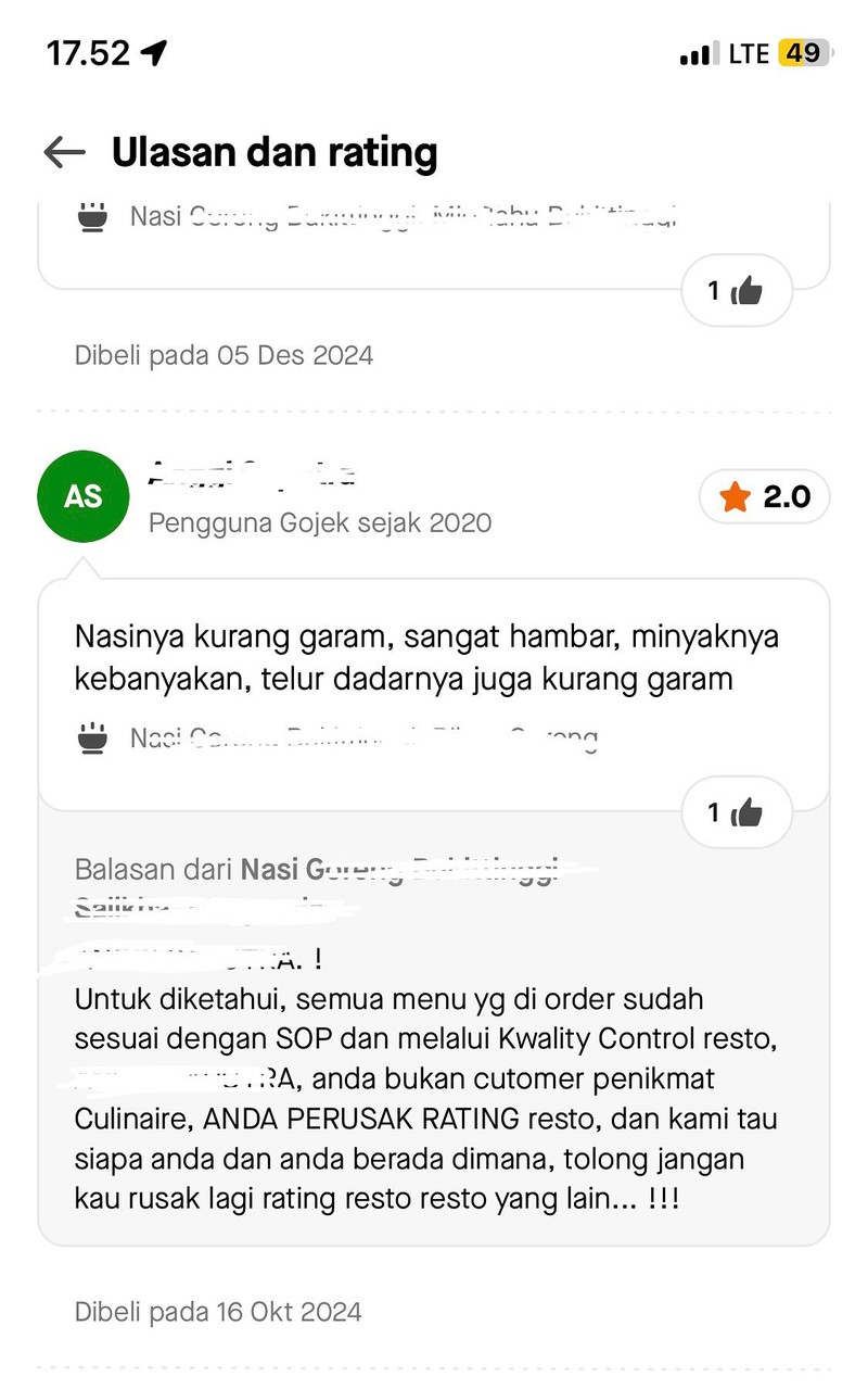 Balasan dari penjual anti kritik dari ulasan makanan yang dipesan online bikin ikut emosi. Kok ada orang yang begini?