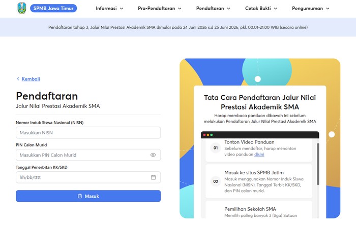 Pendaftaran SPMB Jatim 2026 Jalur Nilai Prestasi Akademik.