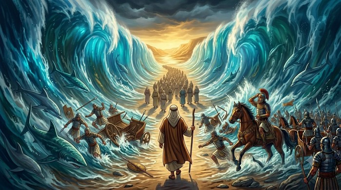 Ilustrasi pertolongan Allah menyelamatkan Nabi Musa dan Bani Israil dari kejaran Firaun.