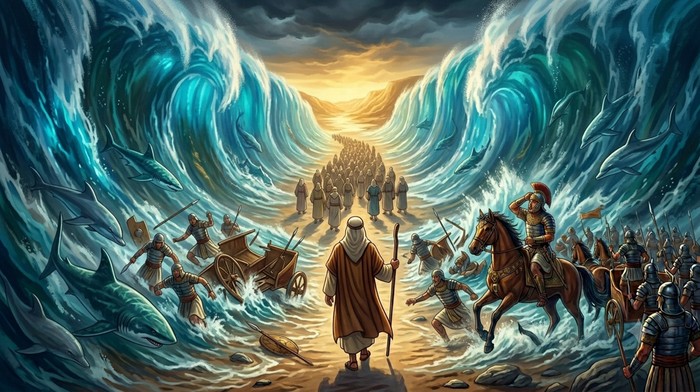 Ilustrasi pertolongan Allah menyelamatkan Nabi Musa dan Bani Israil dari kejaran Firaun.