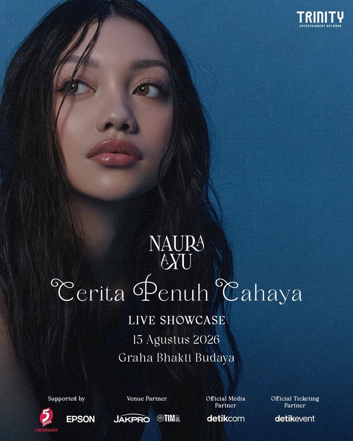 Naura Ayu akan menggelar live showcase Cerita Penuh Cahaya di Graha Bakti Budaya pada 15 Agustus 2026. Tiket tersedia mulai Rp 360 ribu.