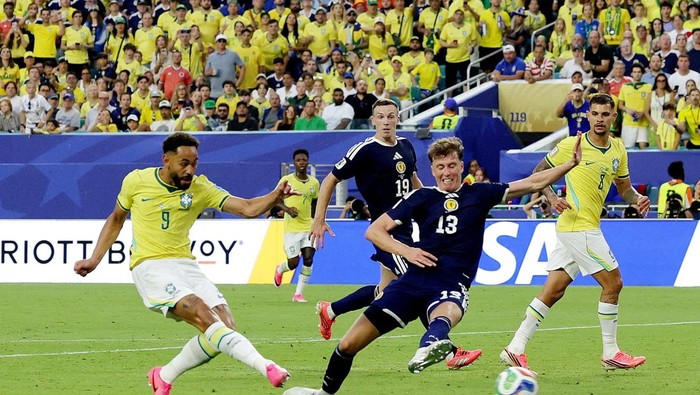 Soccer Football - FIFA World Cup 2026 - Group C - Scotland v Brazil - Miami Stadium, Miami Gardens, Florida, U.S. - June 24, 2026 Brazils Matheus Cunha scores their third goal REUTERS/Amanda Perobelli     TPX IMAGES OF THE DAY