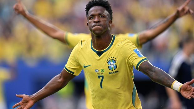 MIAMI GARDENS, FLORIDA - JUNE 24:  Vinicius Junior of Brazil celebrates his goal during the FIFA World Cup 2026 Group C match between Scotland and Brazil at Miami Stadium on June 24, 2026 in Miami Gardens, Florida. (Photo by Image Photo Agency/Getty Images)