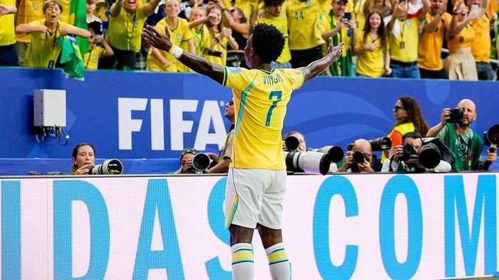 Miami, United States - June 24: Vinicius Junior of Brazil celebrates after scoring his teams first goal during the FIFA World Cup 2026 Group C match between Scotland and Brazil at Miami Stadium on June 24, 2026 in Miami, United States. (Photo by Alex Gottschalk/DeFodi Images/DeFodi via Getty Images)