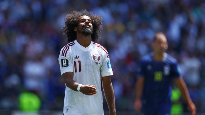 Soccer Football - FIFA World Cup 2026 - Group B - Qatar v Switzerland - San Francisco Bay Area Stadium, Santa Clara, California, U.S. - June 13, 2026 Qatars Akram Afif reacts REUTERS/Carlos Barria