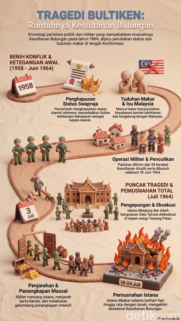 Infografis sejarah Tragedi Bultiken: Runtuhnya Kesultanan Bulungan.