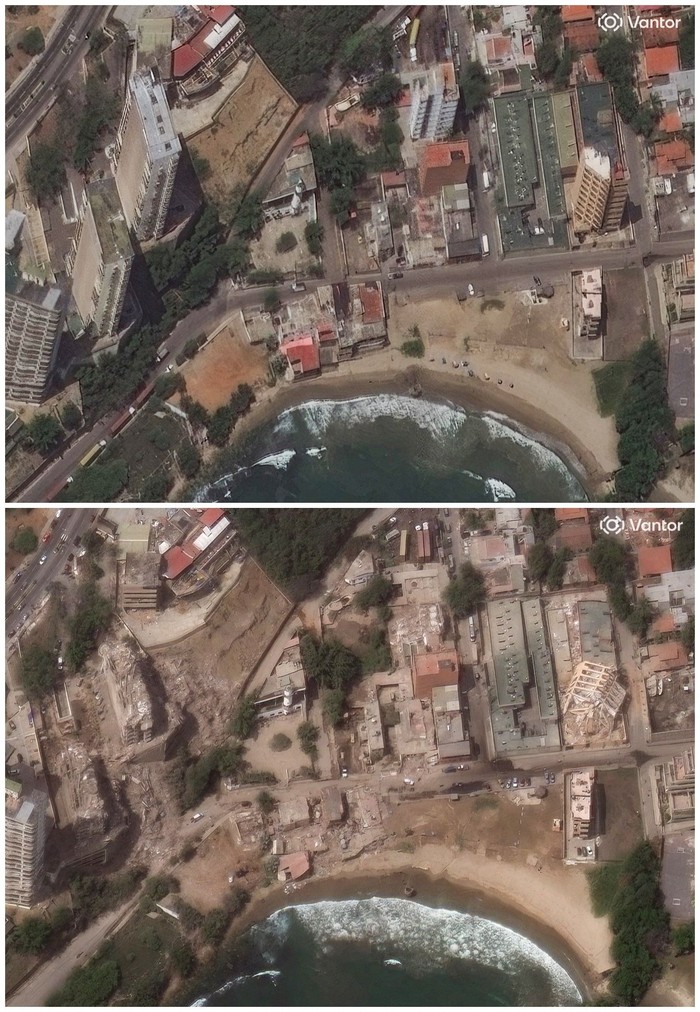 A combination of satellite images shows buildings at Playa Puerto Viejo, in La Guaira, Venezuela, before (above) and after two powerful earthquakes, June 22, 2026, and June 25, 2026.     Vantor/Handout via REUTERS. THIS IMAGE HAS BEEN SUPPLIED BY A THIRD PARTY. NO RESALES. NO ARCHIVES. MANDATORY CREDIT. DO NOT OBSCURE LOGO.