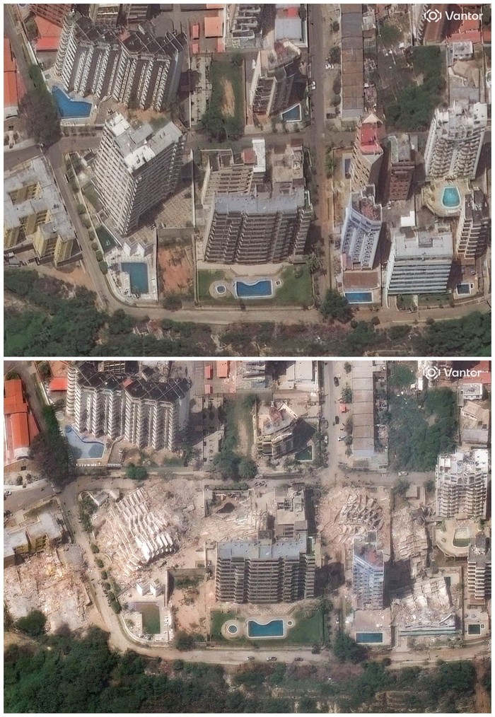 A combination of satellite images shows buildings at Playa Puerto Viejo, in La Guaira, Venezuela, before (above) and after two powerful earthquakes, June 22, 2026, and June 25, 2026.     Vantor/Handout via REUTERS. THIS IMAGE HAS BEEN SUPPLIED BY A THIRD PARTY. NO RESALES. NO ARCHIVES. MANDATORY CREDIT. DO NOT OBSCURE LOGO.