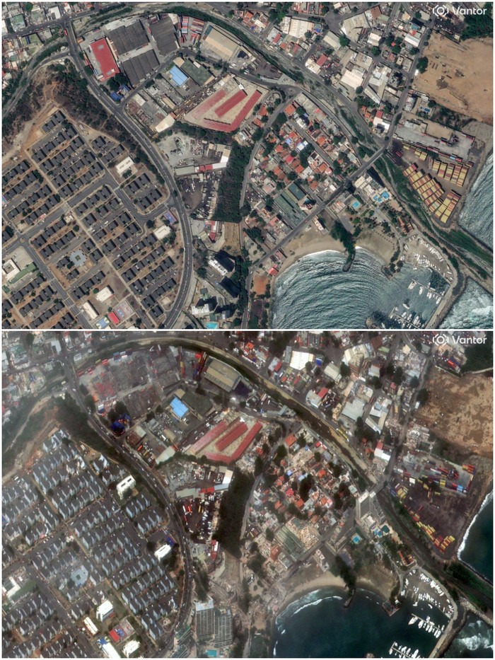 A combination of satellite images shows buildings at Playa Puerto Viejo, in La Guaira, Venezuela, before (above) and after two powerful earthquakes, June 22, 2026, and June 25, 2026.     Vantor/Handout via REUTERS. THIS IMAGE HAS BEEN SUPPLIED BY A THIRD PARTY. NO RESALES. NO ARCHIVES. MANDATORY CREDIT. DO NOT OBSCURE LOGO.
