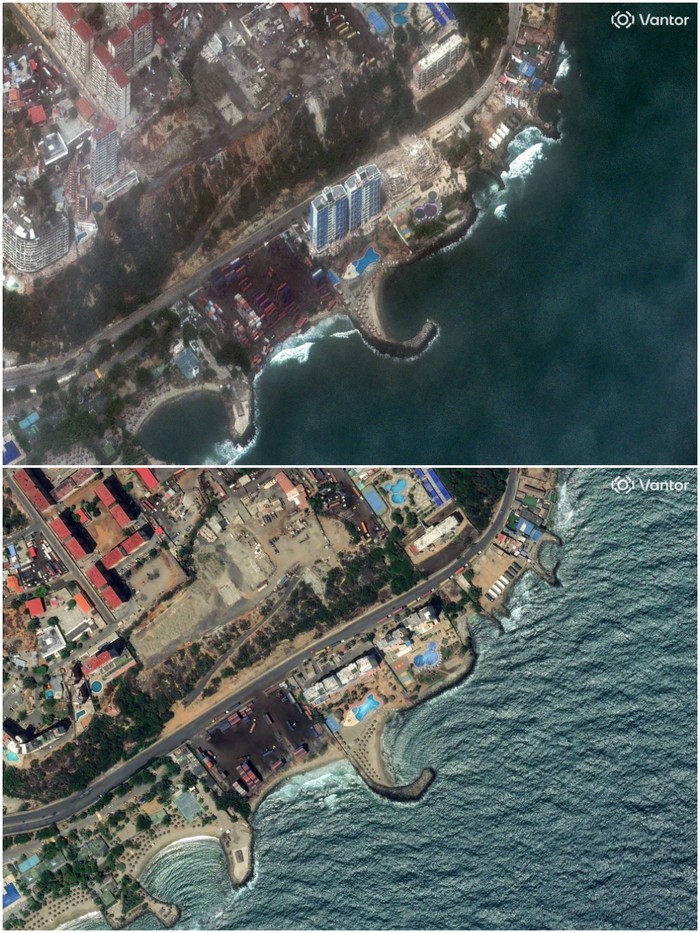 A combination of satellite images shows buildings at Playa Puerto Viejo, in La Guaira, Venezuela, before (above) and after two powerful earthquakes, June 22, 2026, and June 25, 2026.     Vantor/Handout via REUTERS. THIS IMAGE HAS BEEN SUPPLIED BY A THIRD PARTY. NO RESALES. NO ARCHIVES. MANDATORY CREDIT. DO NOT OBSCURE LOGO.
