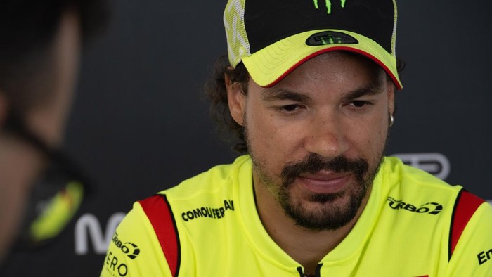 ASSEN, NETHERLANDS - JUNE 25: Franco Morbidelli of Italy and Pertamina Enduro VR46 Racing Team speaks with journalists during the media scrums in media center during previews ahead of the MotoGP of Netherlands at TT Circuit Assen on June 25, 2026 in 