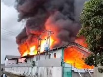 Kebakakaran Landa Pabrik Sepatu di Sunggal, Petugas Berjibaku Padamkan Api