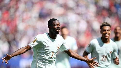 Soccer Football - FIFA World Cup 2026 - Group I - Norway v France - Boston Stadium, Foxborough, Massachusetts, U.S. - June 26, 2026 Frances Ousmane Dembele celebrates scoring their third goal, completing his hat-trick REUTERS/Dylan Martinez