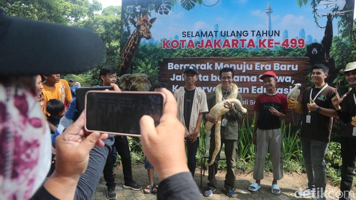 Pengunjung berwisata di Taman Margasatwa Ragunan, Jakarta, Minggu (28/6/2026). Taman Margasatwa Ragunan menggratiskan tiket masuk dalam rangka HUT ke-499 DKI Jakarta selama tiga hari, yaitu 22 Juni, 27 Juni, dan 28 Juni.