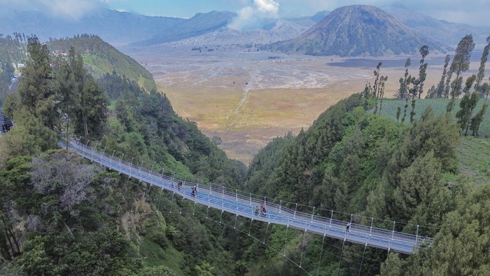 Foto udara sejumlah wisatawan mengunjungi Jembatan Kaca Seruni Point Bromo di Kabupaten Probolinggo, Jawa Timur, Sabtu (27/6/2026). Jembatan kaca sepanjang 130 meter dengan ketinggian sekitar 83 meter tersebut resmi dibuka untuk umum dengan tarif Rp50 ribu per orang sebagai destinasi wisata baru yang diharapkan mampu meningkatkan daya tarik kunjungan wisatawan ke kawasan Bromo. ANTARA FOTO/Irfan Sumanjaya/hma