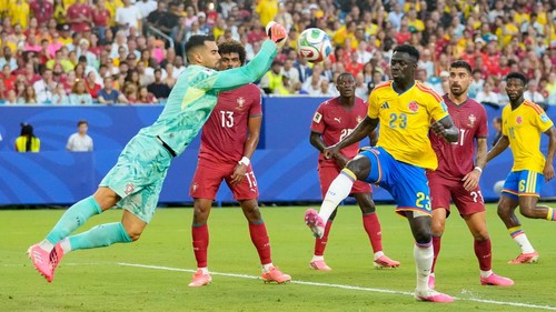 Miami, United States - June 27: Goalkeeper Diogo Costa of Portugal and Davinson Sanchez of Colombia battle for the ball during the FIFA World Cup 2026 Group K match between Colombia and Portugal at Miami Stadium on June 27, 2026 in Miami, United States. (Photo by Alex Gottschalk/DeFodi Images/DeFodi via Getty Images)