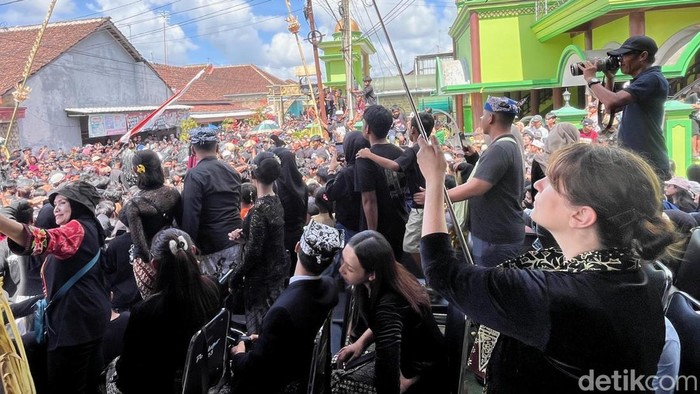 Lara Cummings tampak mengabadikan momen kemeriahan tradisi Kebo-keboan Alasmalang Banyuwangi.