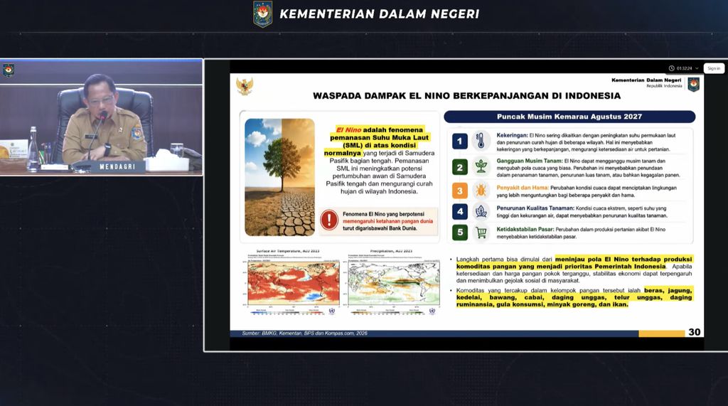 Menteri Dalam Negeri (Mendagri) Muhammad Tito Karnavian saat menyampaikan pemaparan dalam Rapat Koordinasi Pengendalian Inflasi Daerah Tahun 2026 di Jakarta, Senin (29/6/2026). (Tangkapan Layar Youtube/Kemendagri RI)