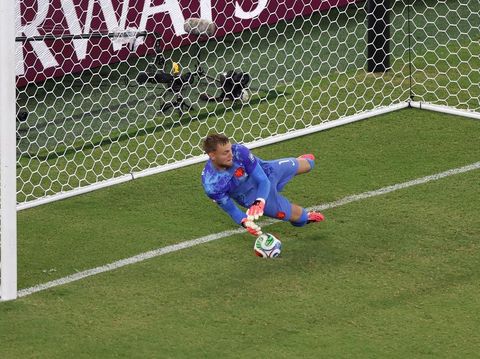 Bart Verbruggen Netherlands goalkeeper #01 Bart Verbruggen concedes a penalty goal by Morocco forward #09 Soufiane Rahimi in the shootout during the during the 2026 World Cup round of 32 football match between the Netherlands and Morocco at the Monterrey Stadium in Guadalupe on June 29, 2026. (Photo by Julio Cesar AGUILAR / AFP)