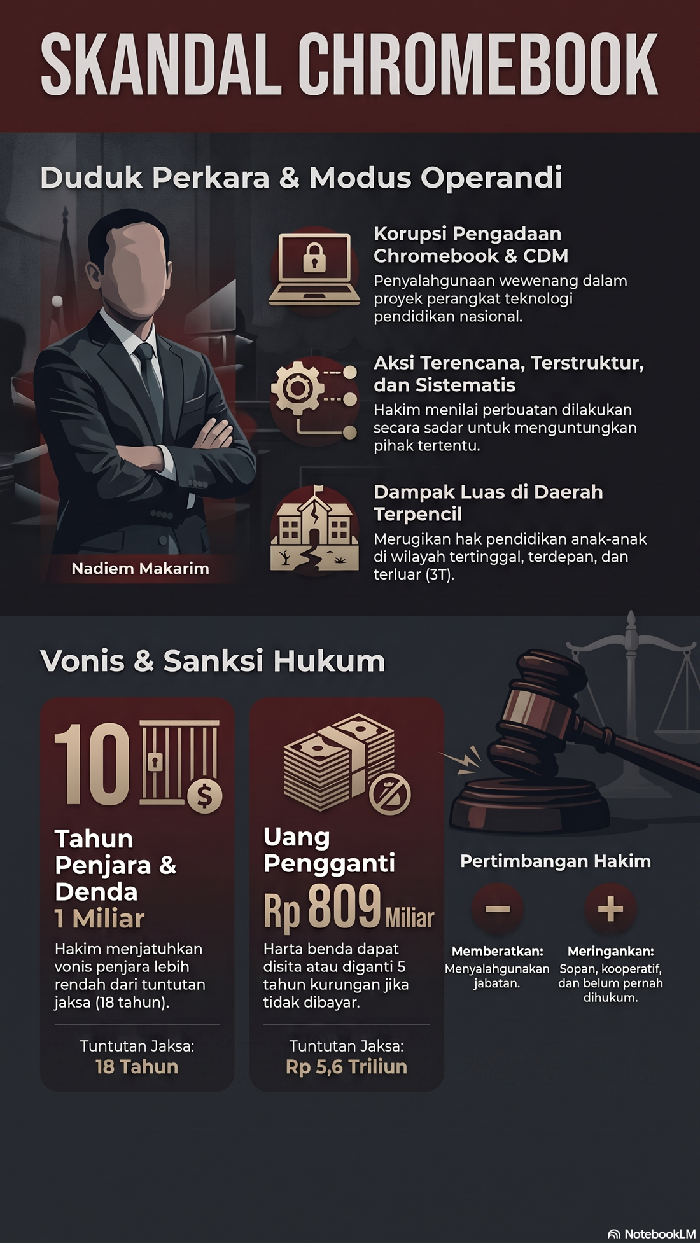 Mantan Menteri Pendidikan, Kebudayaan, Riset, dan Teknologi, Nadiem Anwar Makarim, kembali menjalani sidang lanjutan kasus dugaan korupsi pengadaan Chromebook di Pengadilan Tipikor Jakarta, Selasa (23/6/2026). Dalam persidangan tersebut, Nadiem membacakan duplik pribadi setebal 38 halaman sebagai pembelaan terakhirnya sebelum majelis hakim menjatuhkan putusan.