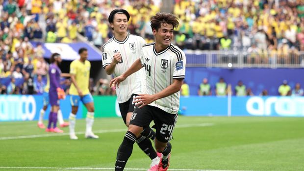 Kaishu Sano HOUSTON, TEXAS - JUNE 29: Kaishu Sano #24 of Japan celebrates with Ayase Ueda #18 after scoring the team's first goal during the FIFA World Cup 2026 Round Of 32 match between Brazil and Japan at Houston Stadium on June 29, 2026 in Houston, Texas. (Photo by Michael Regan - FIFA/FIFA via Getty Images)