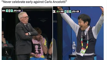 Dalam sepakbola ada kalimat bahwa jangan selebrasi terlalu dini saat melawan Ancelotti. Foto: X.com