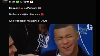 Meme Mbappe bahagia mewakili kebahagiaan Prancis karena Jerman dan Jepang kalah. Belanda juga barusan kalah adu penalti dari Maroko. Foto: X.com