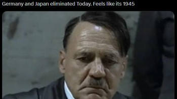 Tapi sudah pasti meme Hitler muncul dong untuk menggambarkan kekecewaan karena Jerman dan Jepang kalah bareng. Foto: X.com