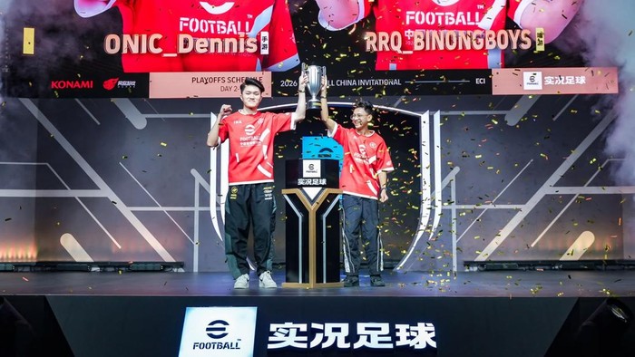 Duet Rizky Faidan (RRQ) dan Denis Bernard (ONIC) mengantarkan Indonesia menjadi juara eFootball China Invitational 2026.