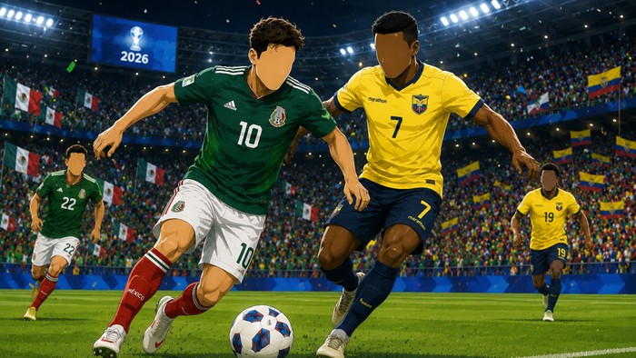 Laga Meksiko vs Ekuador di Piala Dunia 2026 (dibuat dengan AI)