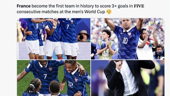 Prancis menjadi tim pertama di sejarah Piala Dunia yang selalu mencetak 3 gol atau lebih dalam 5 pertandingan berurutan. Foto: X.com