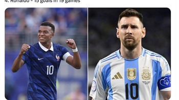 Mbappe tinggal dua gol lagi akan mengejar Lionel Messi. Karena dia jauh lebih muda, diprediksi Mbappe akan menyalip sang megabintang Argentina. Foto: X.com