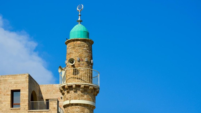The minaret of the Al-Bahr Mosque or Sea Mosque in Old City of Jaffa, Tel-Aviv, Israel