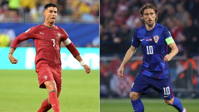This combination of pictures created on July 1, 2026, shows Portugals forward #07 Cristiano Ronaldo (L) running with the ball in Miami Gardens on June 27, 2026; and Croatias midfielder #10 Luka Modric (R) running with the ball in Zagreb on October 12, 2025. Portugal and Croatia will meet in a 2026 World Cup round of 32 football match at the Toronto Stadium in Toronto on July 2, 2026. (Photo by ROBERTO SCHMIDT / AFP)