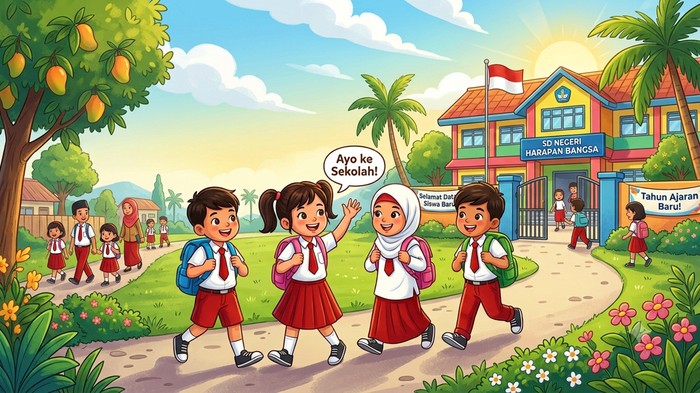 Ilustrasi masuk sekolah hari pertama. Tahun ajaran baru dan MPLS.