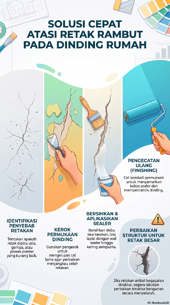 Cara perbaiki retak rambut pada dinding.