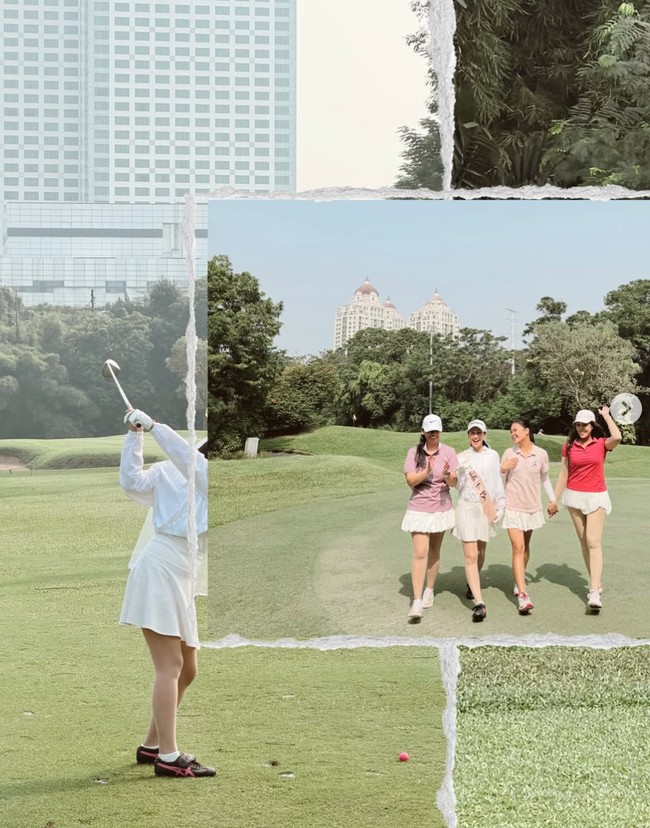 Penampilan Dea kompak dengan ketiga sahabatnya mengenakan rok olahraga berwarna putih. Ketiga sahabatnya tampak memadukan rok tersebut dengan polo shirt bernuansa pink. Foto: Instagram/@deaaannisa