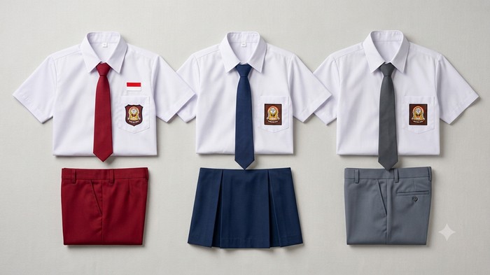 Ilustrasi seragam sekolah SD, SMP, SMA.