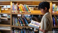Seorang anak menikmati waktu membaca di ruang baca. Libur sekolah dimanfaatkan untuk menambah wawasan melalui kegiatan literasi.