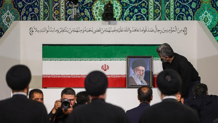 The coffin of Irans late Supreme Leader Ayatollah Ali Khamenei, who was killed on February 28 during Israeli and U.S. airstrikes on Iran, is displayed during a farewell ceremony for him at the Imam Khomeini Grand Mosalla in Tehran, Iran, July 3, 202